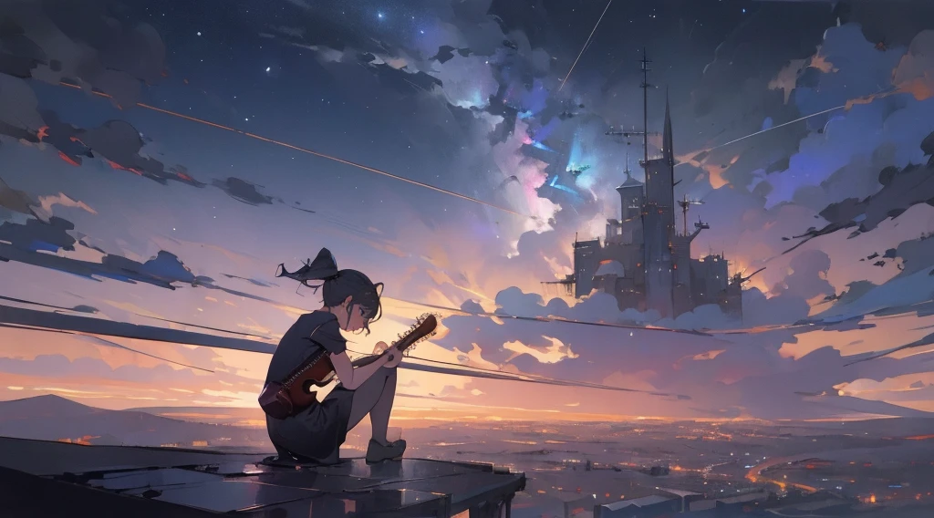 masterpiece,night,(dark alley),star、Night Sky、Overlooking the city、milky way、Back view、octone、
(1 girl), (solo), Knee hugging sitting，acousticguitar