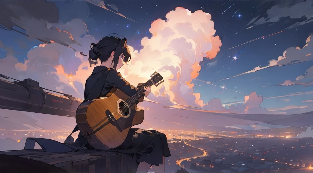 masterpiece,night,(dark alley),star、Night Sky、Overlooking the city、milky way、Back view、octone、
(1 girl), (solo), Knee hugging sitting，acousticguitar