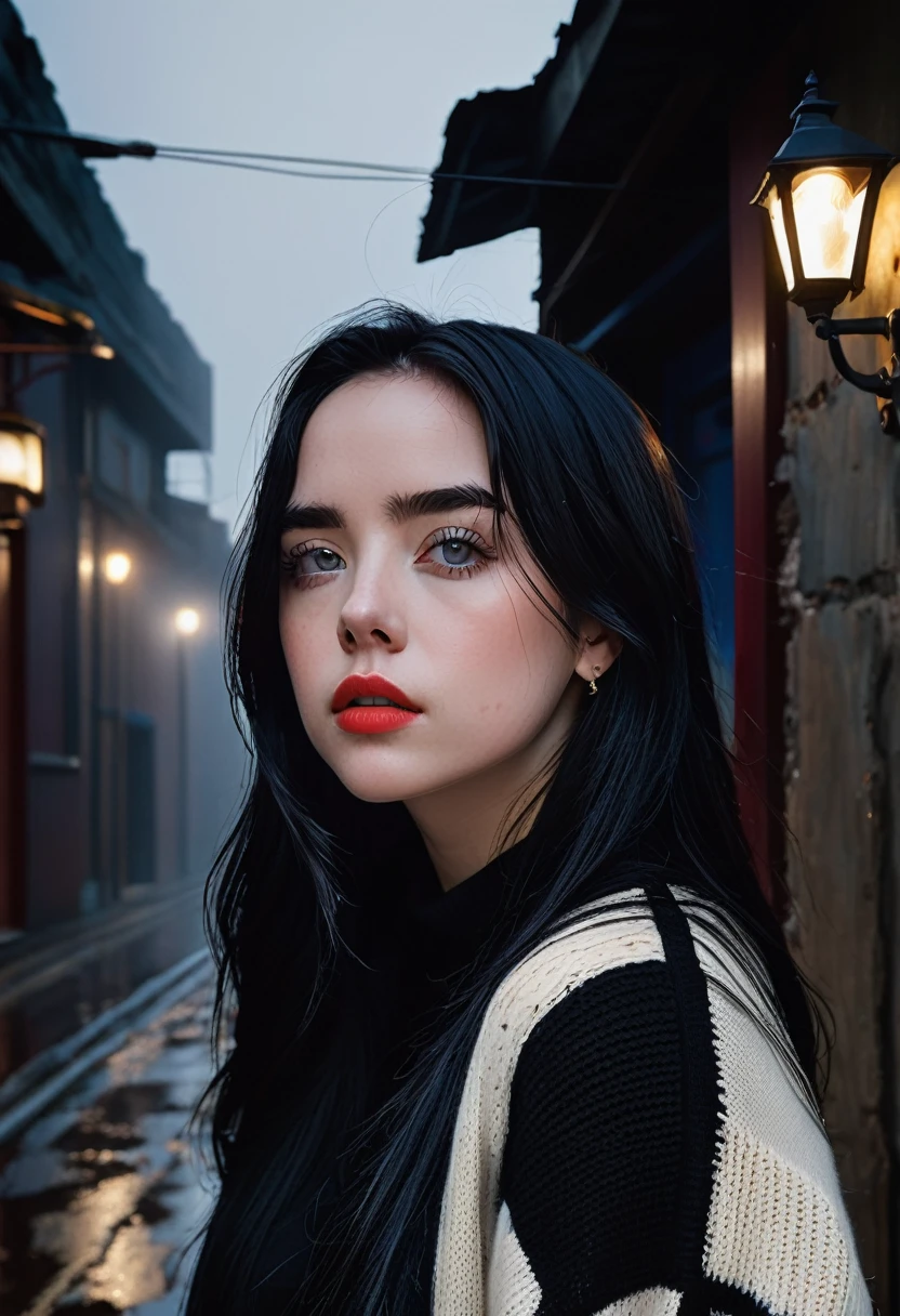 billieeilish, 長いBlack Hair, Modern photography, (wearing large Edge PO pullover, Edge PO), (Wearing leggings), (Cowboy Shot), (35mm, debt/2.8) Photo debtocus, DOdebt, Aperture, Highly detailed and exquisite, character, Hypermaximalist, beautiful, reveal, Charm, Charm, Affectionate, Ultra-realistic, Very detailed, beautiful girl, ((Detailed eyes)), Long eyelashes, (Glossy Lips), Standing on a narrow dark road, Fog in the background, Pitch Black Night, Cloudy, alone、sad、Hopeless、Dark background、((Dark roads））、There is not a single streetlight、Really dark background、In the ruins、(Black Hair)、Wearing a plain black knitted outfit、Wearing jeans。Plain simple clothes