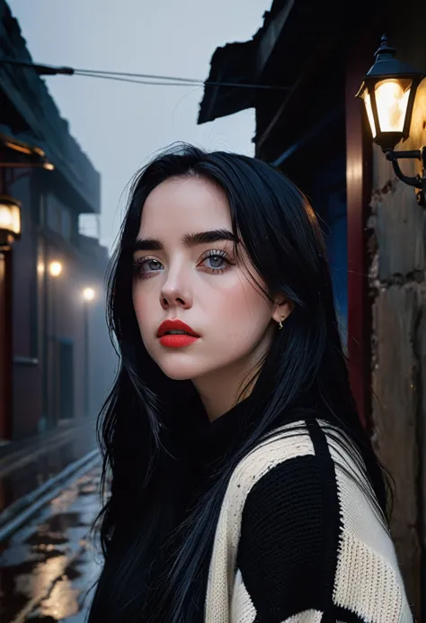 billieeilish, 長いblack hair, modern photography, (wearing large edge po pullover, edge po), (wearing leggings), (cowboy shot), (3...