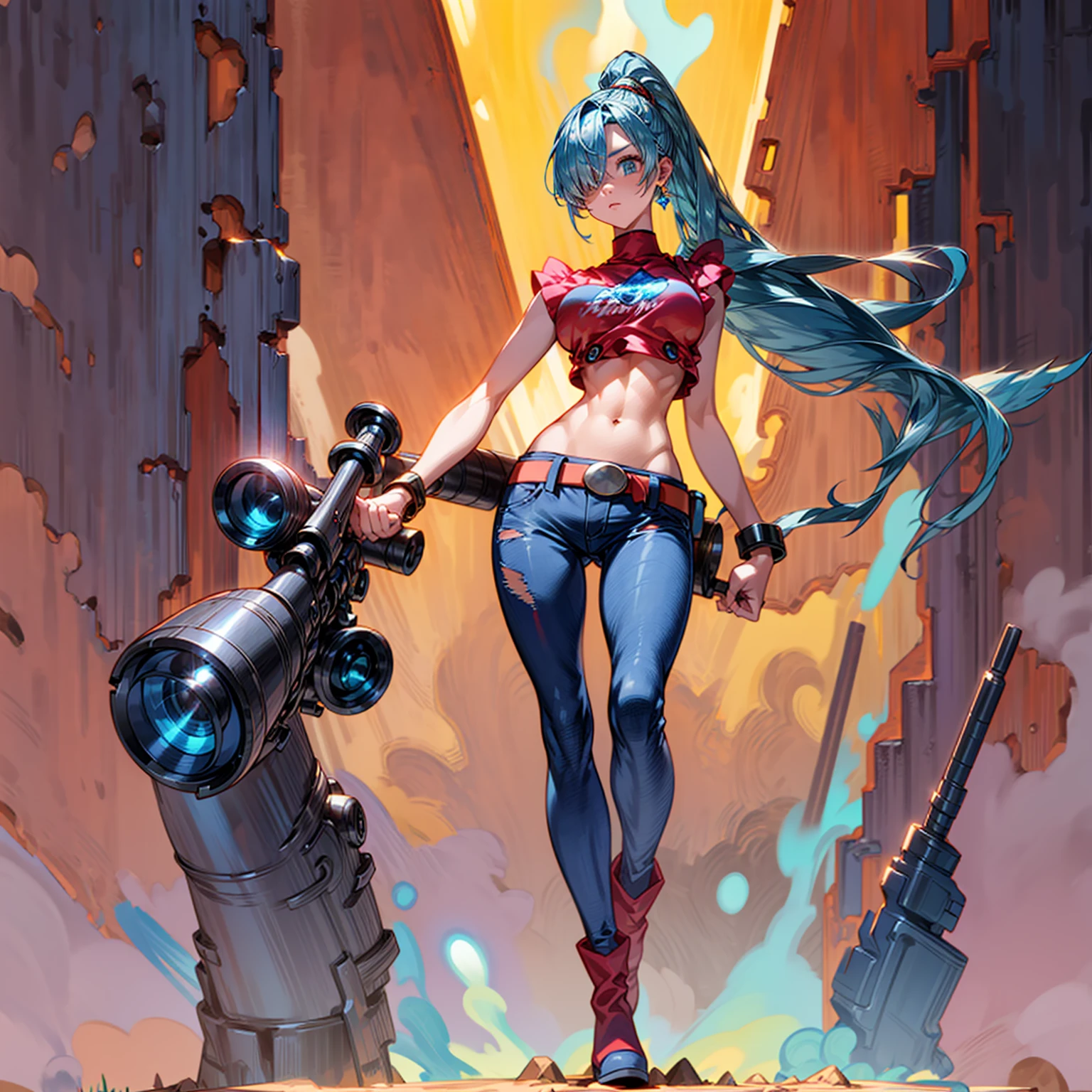 Solo character, full body version, girl, blue hair, long ponytail hairstyle, one eye covered with hair, red crop top, long jeans, belt, gold bracelet, boots, background in street city, diamond earrings, (sniper in hand), Big breasts, blood on Character, glow effect, standing battle gesture 