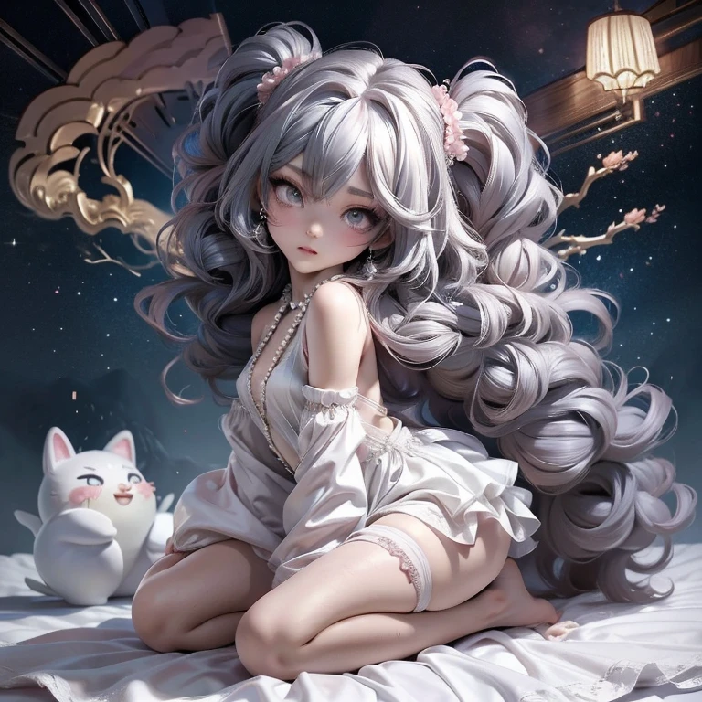 a close up of a anime cat girl streaming on the computers looking back eating a snack, anime moe artstyle, ahegao, long gray teal hair, curly hair, brown ayes, anime style 4 k, nightcore, official artwork, top rated on pixiv, anime wallaper, mikudayo, , pixiv, popular on pixiv, anime! 4 k, anime! 4k, high quality anime artstyle, white dress, white pajamas, pink bedroom, bed full of plushies, background, pink gaming chair, calm atmosphere（small young girl full body）、a baby face、Very cute、slim and beautiful、((small :1.2))、The eyes are well drawn、charming eyes、double tail、Wear jewelry and pearls around your neck，Transparent openwork、Deep V、crystal pearl、在Wear jewelry and pearls around your neck，white hair, Showing thighs, bare shoulders, showing clavicle, Yao Liu, barefoot，((whole body))、painful posture