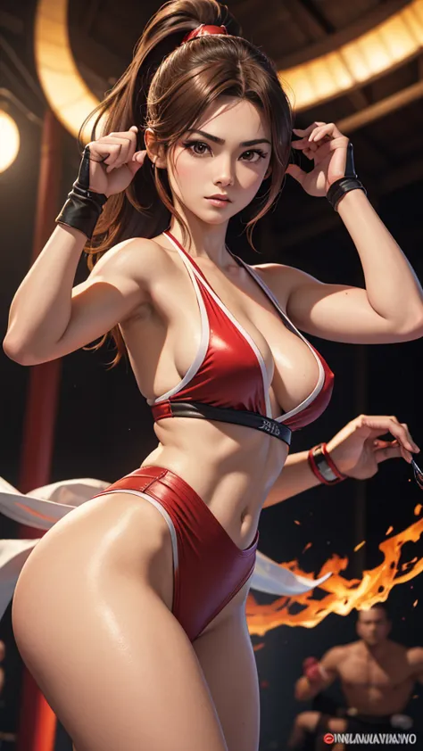 mai shiranui, (the king of fighters), sexy girl, poderosa, traje sexy de artes marciales color rojo, young, skynny body, small a...