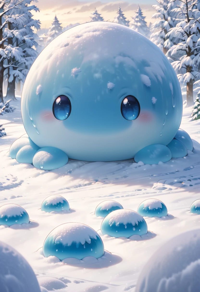 The arrival of winter. A monster town covered with snow. A Japanese cartoon slime. High-quality cartoon characters. Fantasy fictional creatures. A light blue slime.(close up)    Complex, clear and detailed animations.. 

                      ( Correct and perfect anatomy ) Ultra-detailed animation art Japanese anime fantasy illustrations, Beautiful artistic illustration  