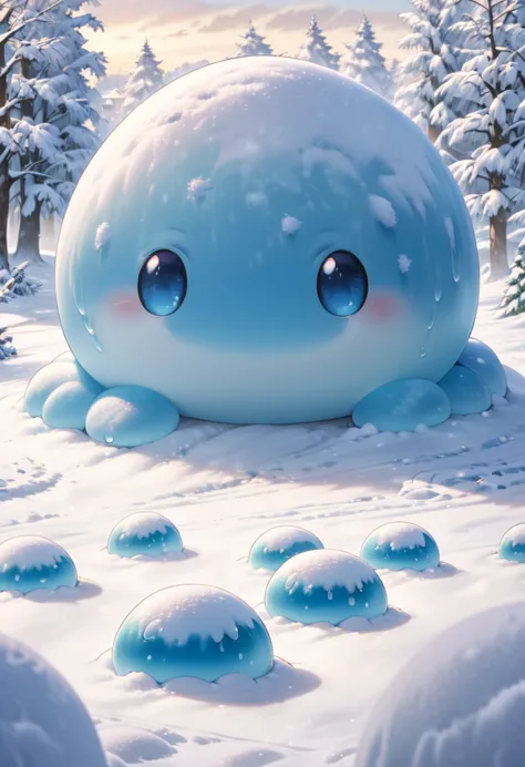 the arrival of winter. a monster town covered with snow. a japanese cartoon slime. high-quality cartoon characters. fantasy fict...