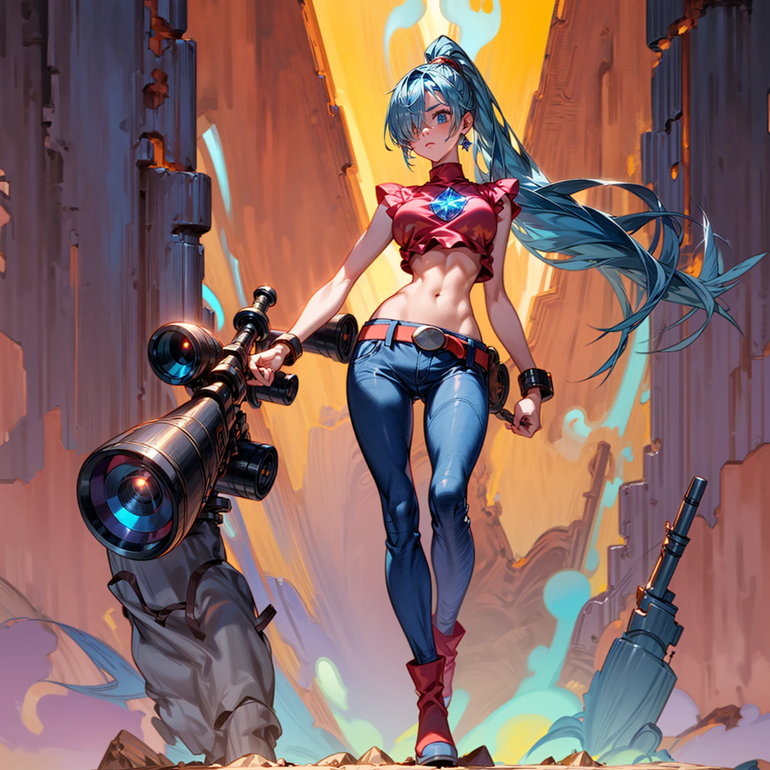 Solo character, full body version, girl, blue hair, long ponytail hairstyle, one eye covered with hair, red crop top, long jeans, belt, gold bracelet, boots, background in street city, diamond earrings, (sniper in hand), Big breasts, blood on Character, glow effect, standing battle gesture 