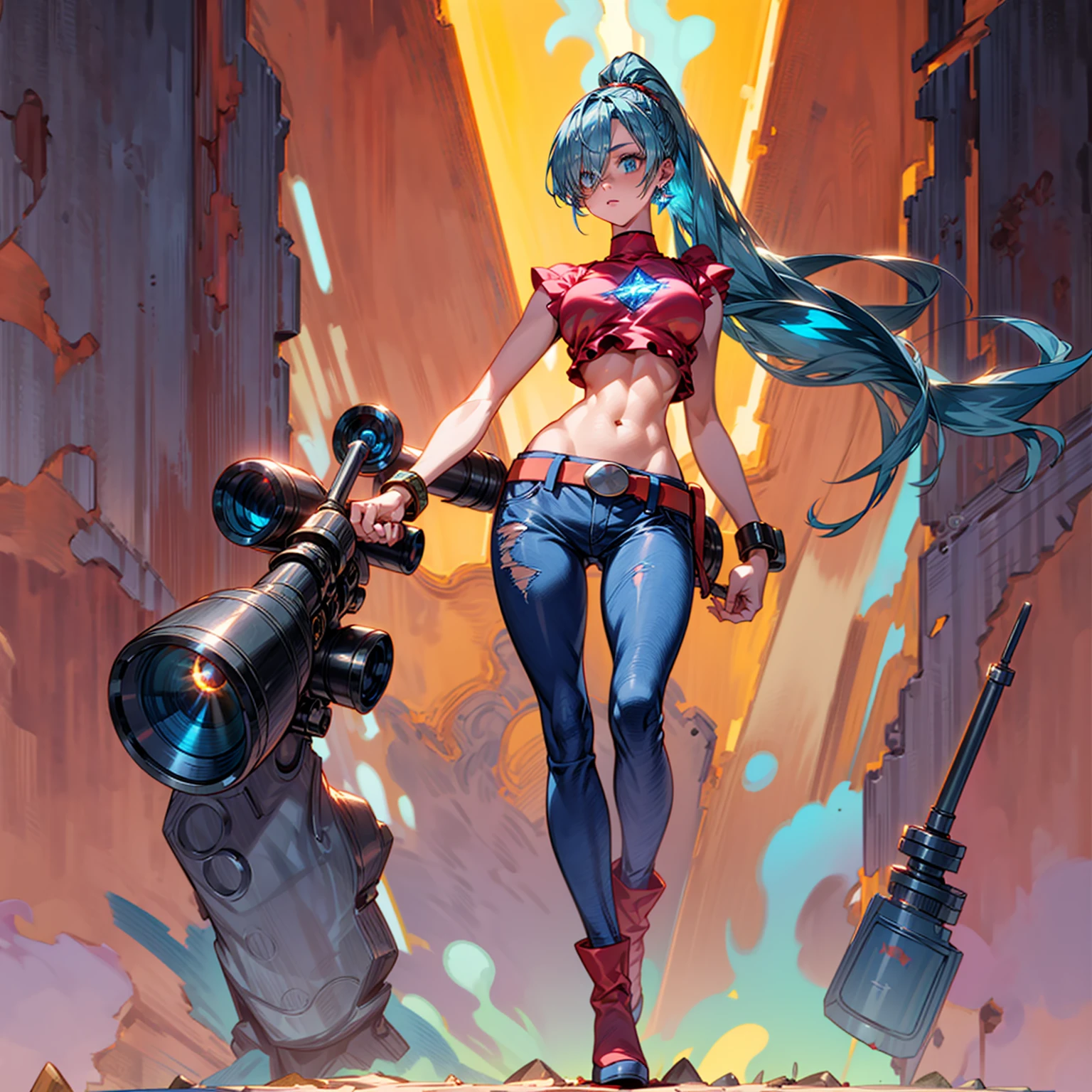 Solo character, full body version, girl, blue hair, long ponytail hairstyle, one eye covered with hair, red crop top, long jeans, belt, gold bracelet, boots, background in street city, diamond earrings, (sniper in hand), Big breasts, blood on Character, glow effect, standing battle gesture 