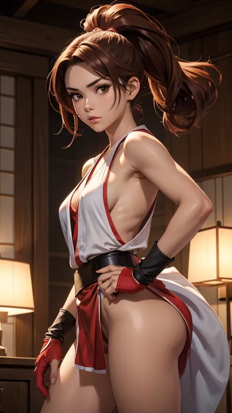 mai shiranui, (the king of fighters), sexy girl, poderosa, traje sexy de artes marciales color rojo, young, skynny body, small a...