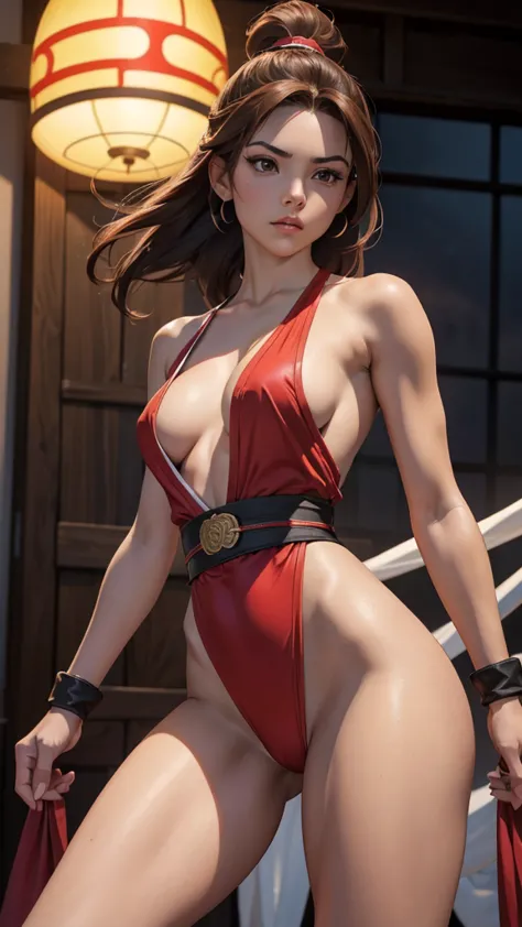 mai shiranui, (the king of fighters), sexy girl, poderosa, traje sexy de artes marciales color rojo, young, skynny body, small a...