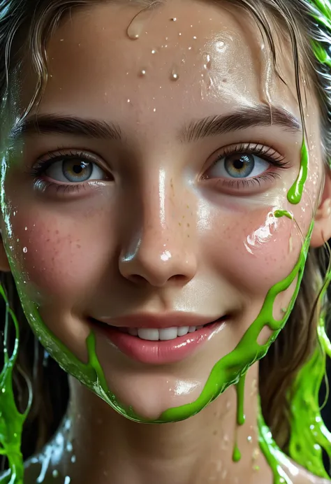 a portrait of photorealistic a girl, close up, slime all over the face, happy face, perfect face, uhd, intricate detailed, 8k, b...