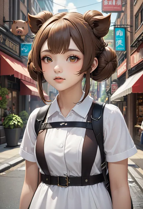 Character Settings：A girl with a boar motif teleported to a downtown area 1. Appearance： - Hairstyle：Two big round buns on top o...