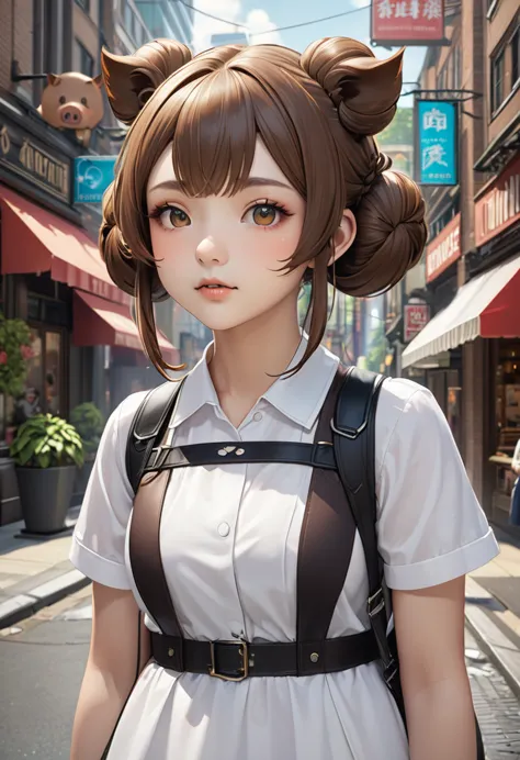 character settings：a girl with a boar motif teleported to a downtown area 1. appearance： - hairstyle：two big round buns on top o...