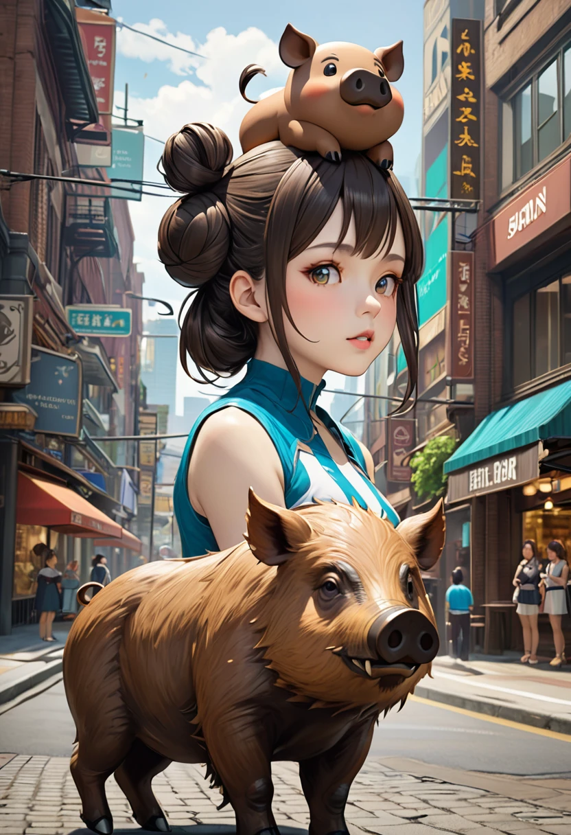 Character Settings：A girl with a boar motif teleported to a downtown area 1. Appearance： - Hairstyle：Two big round buns on top of the head。These are modeled after the realistic shape of a boar&#39;s face.。The surface of the dumpling has a slightly hairy texture.、More boar-like appearance。 - Hair color：The base is dark brown、Contains striking reddish brown highlights。 - clothing：She is wearing Ainu clothing with a boar fur motif.。It has a mottled pattern。The hem and sleeves of the dress are fluffy.、It reminds me of the fur of a boar.。 2. accessories： - necklace：A white pendant resembling a small boar&#39;s tusk。 - Bracelets：A brown leather bracelet with small boar&#39;s hoof charms。 - ヘアaccessories：A boar&#39;s ear-shaped hairpin used to secure the bun。 3. Pose and expression： - Posture：Leaning forward a little、Be wary of your surroundings。 -expression：A look of surprise and alarm。Eyes Wide Open、4. They are threatening others.. Background and Circumstances： - setting：Suddenly teleported to the center of a busy downtown area。 - Reactions from others：Passersby stare at her in amazement.。 - Contrast：A wild girl reminiscent of animals in nature、A scene composed to highlight the contrast of the modern cityscape。 5. The details： - Around the Girl、Small light particles and fog-like effects that indicate the moment you teleport。 - The hem of the dress flutters in the wind、It gives the impression of boar hair standing on end。 - At her feet、There are a few fallen leaves and twigs scattered around, reminiscent of the forests back home.。 24 years old,nsfw,one woman,tattered clothes,on all fours,squatting,muscular,beautiful face,small eyes,sharp eyes,angry,surprised face,scared face,excited,stern expression,glare at,crowd of people,anime style,high quality,illustration,masterpiece,japanese、Distraught、panic、Puzzled、Tattered clothes、Wild 、wild、The hustle and bustle、crowd、Clothes are the place々Defeated、Exposed Skin、The background is clearly depicted