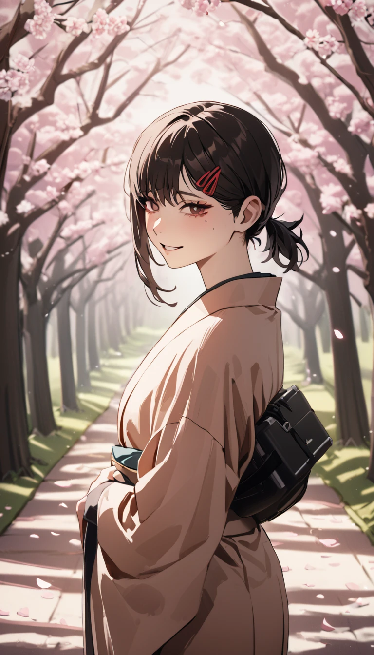 1girl, higashiyama kobeni, wearing kimono, in a cherry blossom park, cherry blossom petals falling down, (masterpiece), cinematic, beautiful light, best quality, newest,safe, absurdres, smiling , close eyes, look at camera, tilt head, turn head back