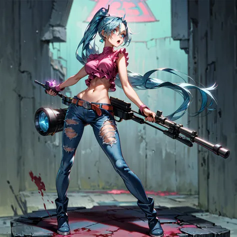 Solo character, full body version, girl, blue hair, long ponytail hairstyle, one eye covered with hair,pink crop top, long jeans...