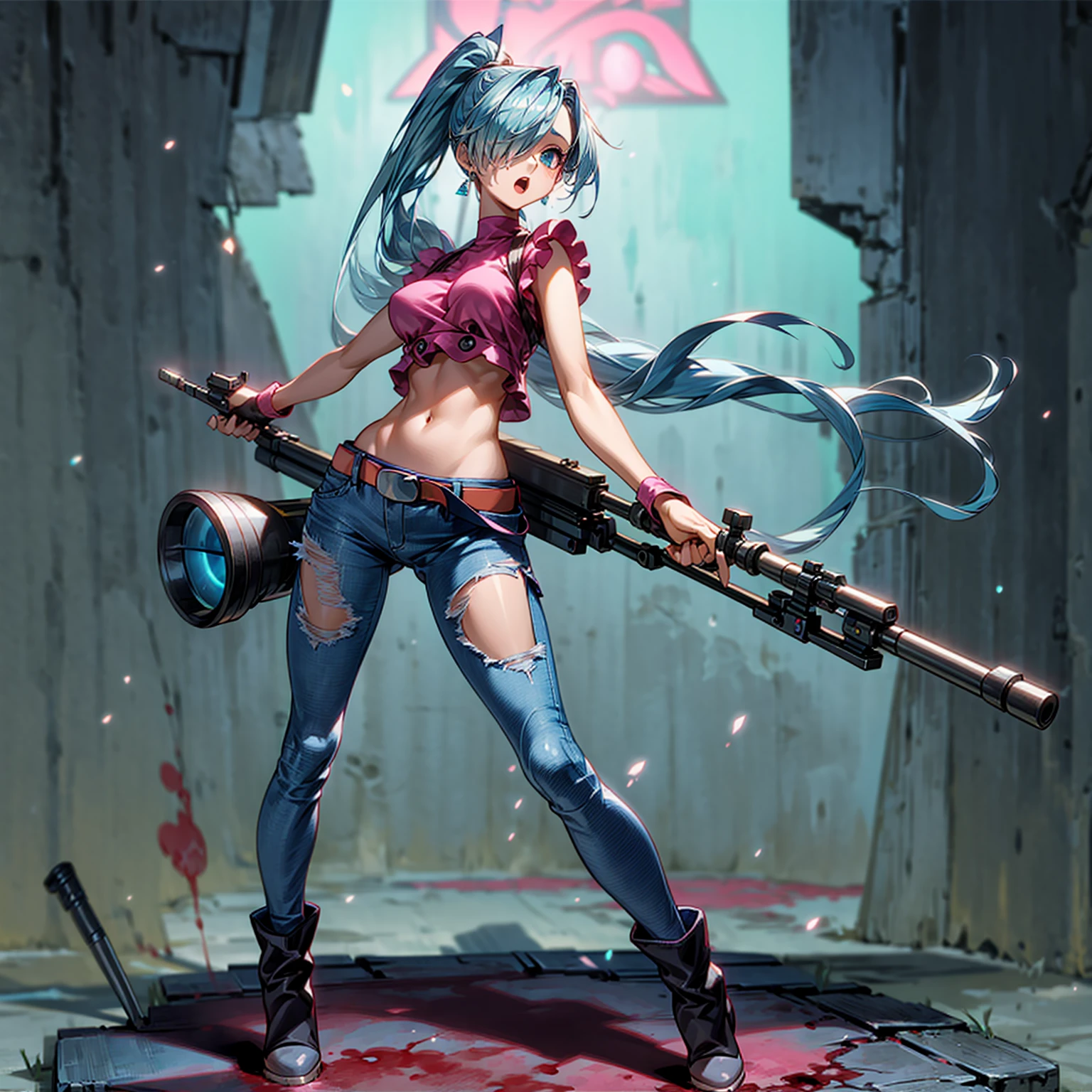 Solo character, full body version, girl, blue hair, long ponytail hairstyle, one eye covered with hair,pink crop top, long jeans, belt, bandage, boots, background in street city, diamond earrings, (sniper in hand), Big breasts, blood on Character, glow effect, standing battle gesture, open mouth 