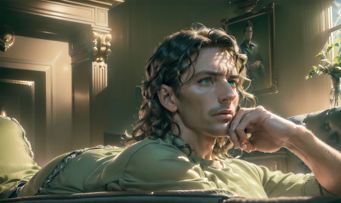 "((highly detailed, detailed eyes, detailed face, clear and realistic facial features, photorealistic, realistic light; cinematic)), (1 man), ((((classy living room background)))), (((sophisticated gorgeous beautiful refined middle-aged male artist))), ((((intense fascinated expression)))), ((mystical air)), (((green eyes))), (wavy shoulder-length brunette hair), (((dressed in a shirt and shorts)))."