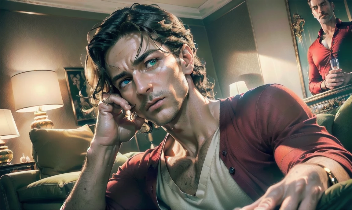 "((highly detailed, detailed eyes, detailed face, clear and realistic facial features, photorealistic, realistic light; cinematic)), (1 man), ((((classy living room background)))), (((sophisticated gorgeous beautiful refined middle-aged male artist))), ((((intense fascinated expression)))), ((mystical air)), (((green eyes))), (wavy shoulder-length brunette hair), (((dressed in a red shirt and chinos)))."