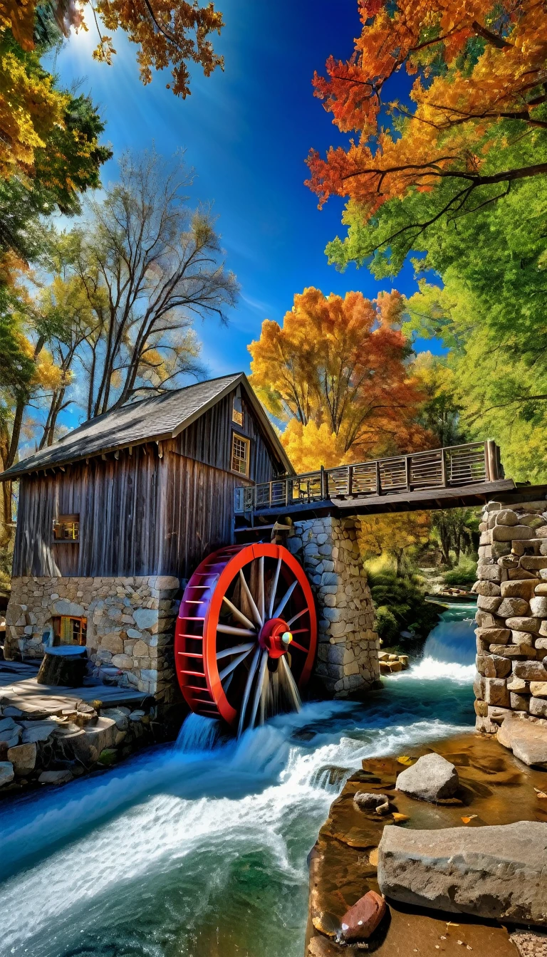 hdr, 12k, Pipe gushing water over the big water wheel, inside the blue river. in the colorful trees