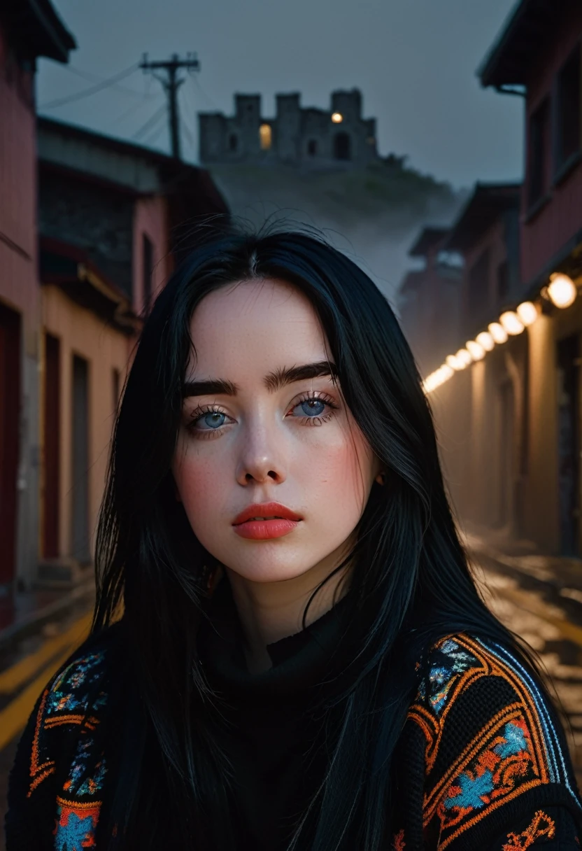 billieeilish, 長いBlack Hair, Modern photography, (wearing large Edge PO pullover, Edge PO), (Wearing leggings), (Cowboy Shot), (35mm, debt/2.8) Photo debtocus, DOdebt, Aperture, Highly detailed and exquisite, character, Hypermaximalist, beautiful, reveal, Charm, Charm, Affectionate, Ultra-realistic, Very detailed, beautiful girl, ((Detailed eyes)), Long eyelashes, (Glossy Lips), Standing on a narrow dark road, Fog in the background, Pitch Black Night, Cloudy, alone、sad、Hopeless、Dark background、((Dark roads））、There is not a single streetlight、Really dark background、In the ruins、(Black Hair)、Wearing a plain black knitted outfit、Wearing jeans。Plain simple clothes,Solid black clothes