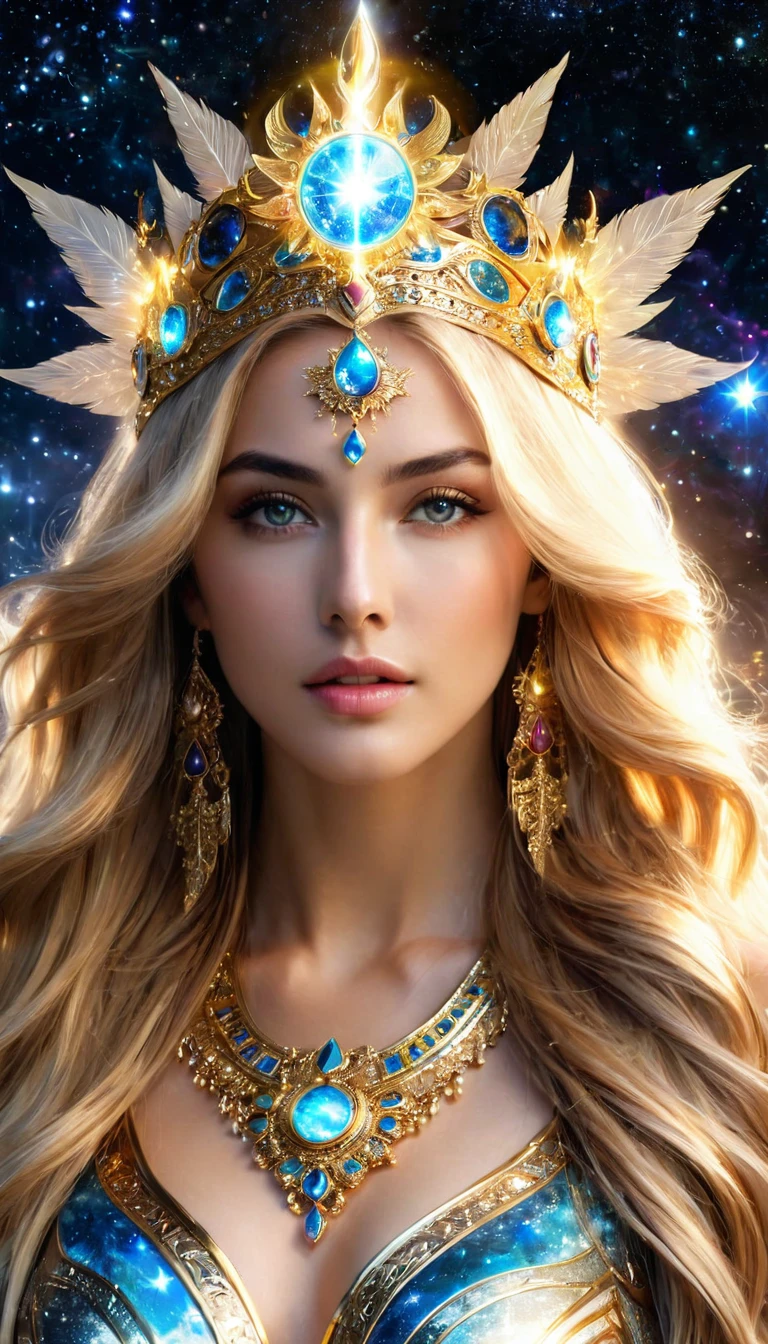 (Highest quality,High resolution,masterpiece:1.2),Very detailed,(Realistic,Realistic,Realistic:1.37)(Cosmic Love Goddess:1.1,beautiful:1.1,Spirit Body:1.1),Sacred Goddess,Heavenly Beauty,Supernatural Beings,Magnificent cosmic presence,Majestic celestial bodies,Dazzling aura,Mysterious glow,Transcendent elegance,(Luminous Energy:1.1),(Immortal God:1.2),A godsend,Mysterious clothing,Calm expression,Flowing golden hair,(Sparkling Eyes:1.1),(Heavenly Beauty:1.1),Magnificent Heaven,God&#39;s Love and Mercy,Colorful nebulae dance in the background.,Sparkling particles of stardust floating around her,As her divine powers grow、The galaxy swirls around her,Infinite space stretches beyond the horizon,Magical Tips(Magic twinkle:1.1),Cosmic rays envelope the sky in glow,(Vibrant colors:1.1),(Colors of the universe:1.1),A calming color palette,Evokes feelings of peace and tranquility,The Majestic Divine Being Who Fills the Universe,Magical atmosphere,(Subtle details:1.1),Delicate brushwork creates intricate patterns,(Mysterious brushwork:1.1),(Dreamy strokes:1.1),Highly detailed depiction of celestial features,Subtle gradients add depth to your images,Bring her to life、Attention to detail and texture,Perfectly realistic depiction,(Impressive definition:1.1),(Incredible realism:1.1),The attention to detail is so perfect you can see every single hair.,(Perfect photorealism:1.1),(Ultra-detailed illustrations:1.1),(芸術のmasterpiece:1.1),A perfect composition with a good balance of light and shadow,The soft yet vibrant lighting is her divine々It highlights the beauty of,The magical glow that emanates from her celestial body,Subtle highlights and shadows add depth and dimension,(Sublime Brilliance:1.1),(Fantastic lighting:1.1),(Shining Sparkle:1.1),(harmonious lighting:1.1)