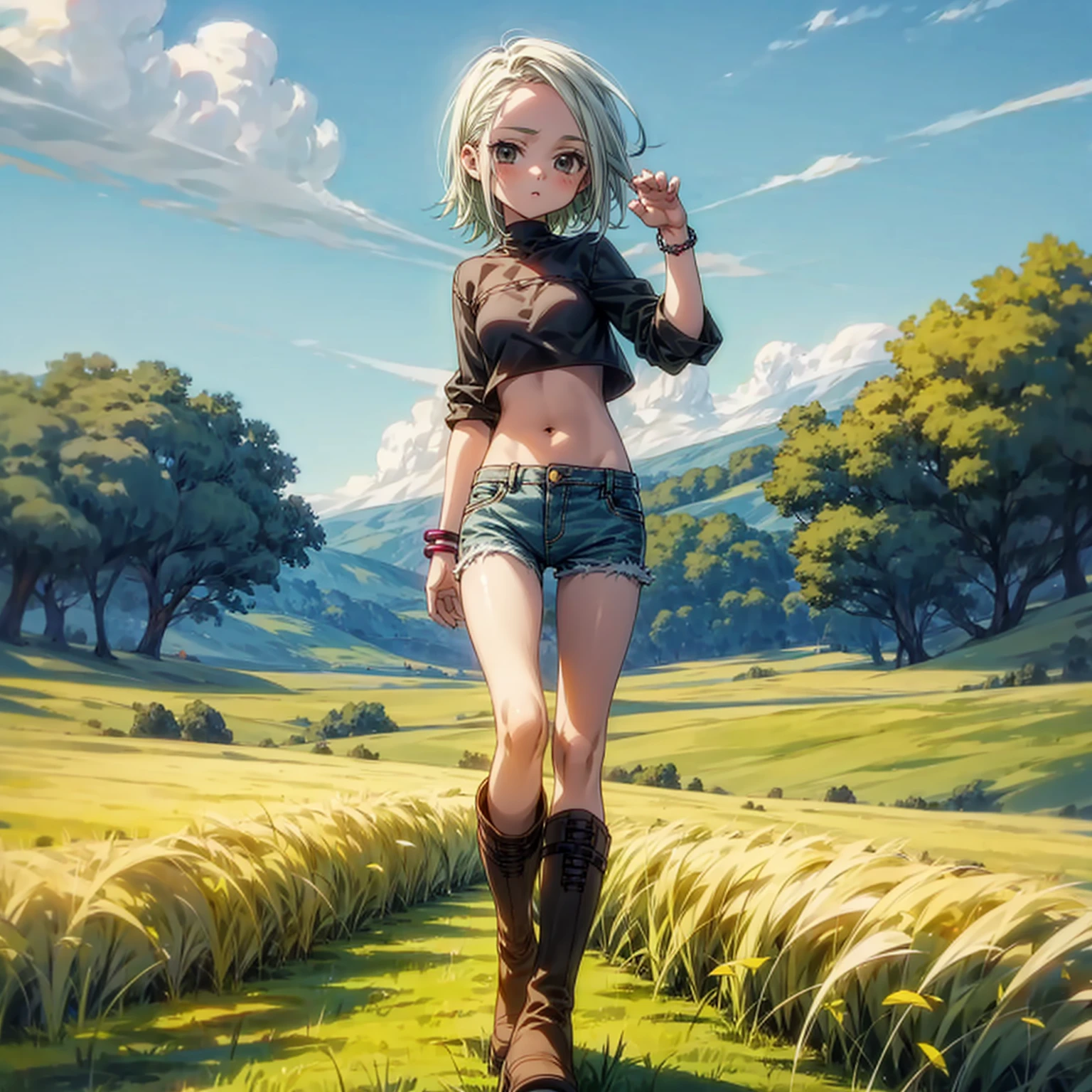 Solo character, full body version, kid girl, white half green color hair, black eyes, short hairstyle, black crop top, short jeans, bracelet, boots, sky blue, field, standing gesture