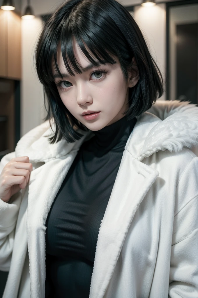 Fubuki from opm, realistic, age 25, pure white skin, black eyes, black bob hair, white fur neck collor, green coat, perfect face, perfect shape body, above large breasts, clothes covered upper body, 3d .