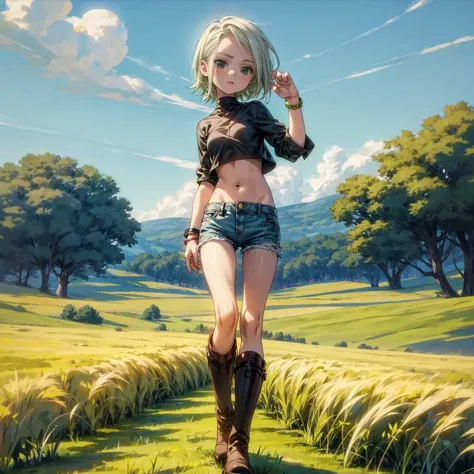 solo character, full body version, kid girl, white half green color hair, black eyes, short hairstyle, black crop top, short jea...