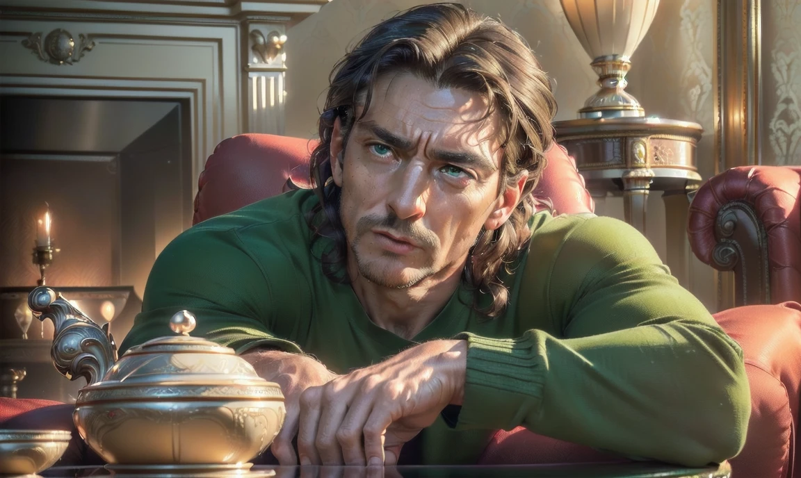 "((highly detailed, detailed eyes, detailed face, clear and realistic facial features, photorealistic, realistic light; cinematic)), (1 man), ((((classy living room background)))), (((sophisticated gorgeous beautiful refined middle-aged male artist))), ((((intense fascinated expression)))), ((mystical air)), (((green eyes))), (wavy shoulder-length brunette hair), (((dressed in a red shirt and chinos)))."