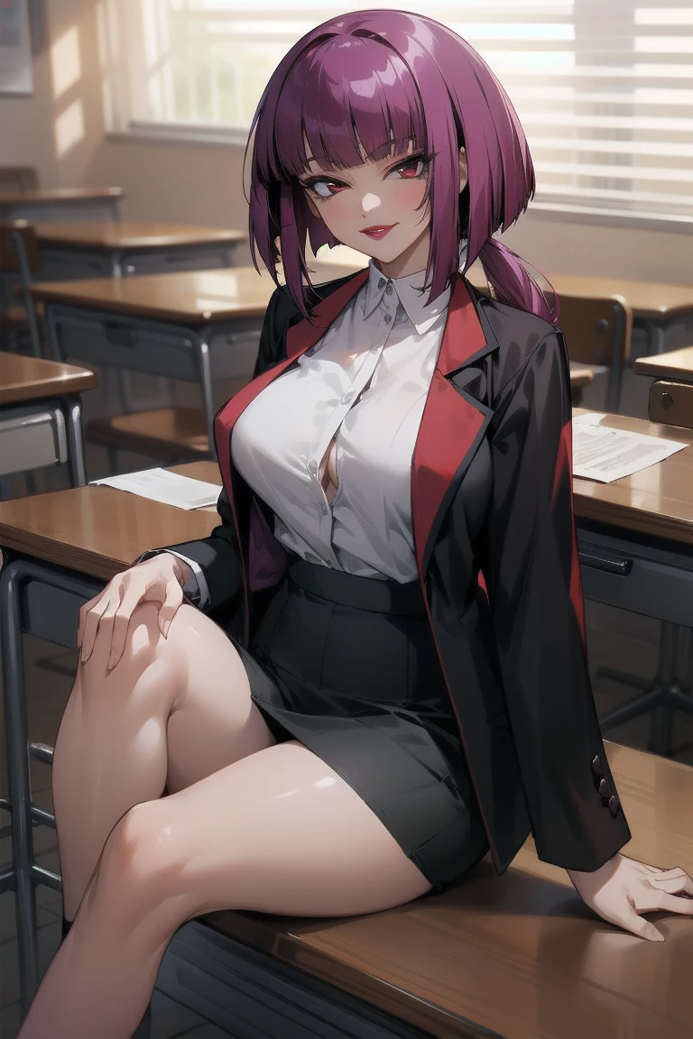 One girl,oboro, Mature Woman,Purple Hair, short hair, bangs, eye shadow, Low Ponytail, lipstick, compensate, Detailed face, Red eyes,Large Breasts, Black jacket, White shirt, teacher,Suit skirt,office,smile,Sitting,On the table,