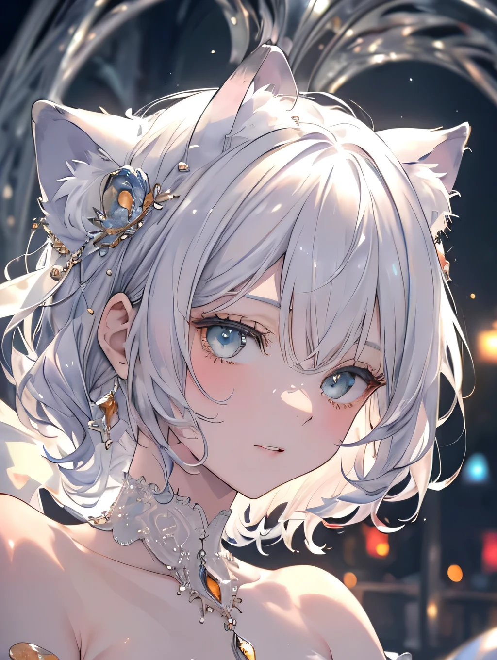 High Definition RAW Color Art, cartoon,sculpture, Silver Marble Skin, (((Extremely meticulous and elegant))), Magical atmosphere, Delicate skin, texture,(Complex details, Fine details, Ultra Detail Art), Depth of Field, bokeh, Silky touch, Ultra Detail, beautiful eyes, elegant face, body line, Cat ear, sunrise, Watch from below