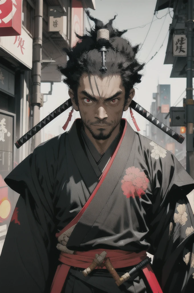 1 black samurai, 1 man, afrosamurai, black hair, cyberpunk, street style, streets of Tokyo, bright, with black skin, red eyes, looking at the viewer, upper body, megazine cover, shogum