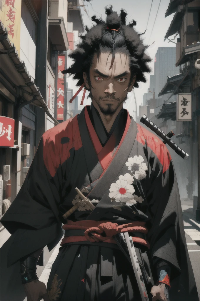 1 black samurai, 1 man, afrosamurai, black hair, cyberpunk, street style, streets of Tokyo, bright, with black skin, red eyes, looking at the viewer, upper body, megazine cover, shogum