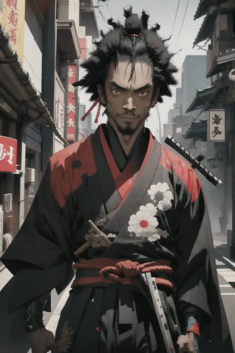 1 black samurai, 1 man, afrosamurai, black hair, cyberpunk, street style, streets of tokyo, bright, with black skin, red eyes, l...