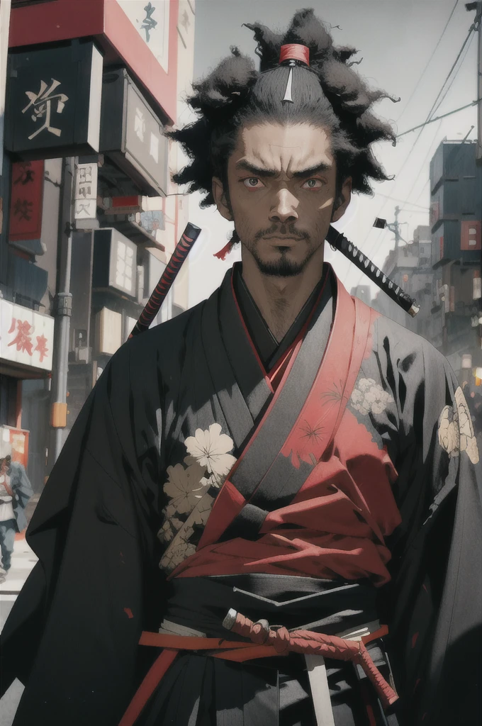 1 black samurai, 1 man, afrosamurai, black hair, cyberpunk, street style, streets of Tokyo, bright, with black skin, red eyes, looking at the viewer, upper body, megazine cover, shogum