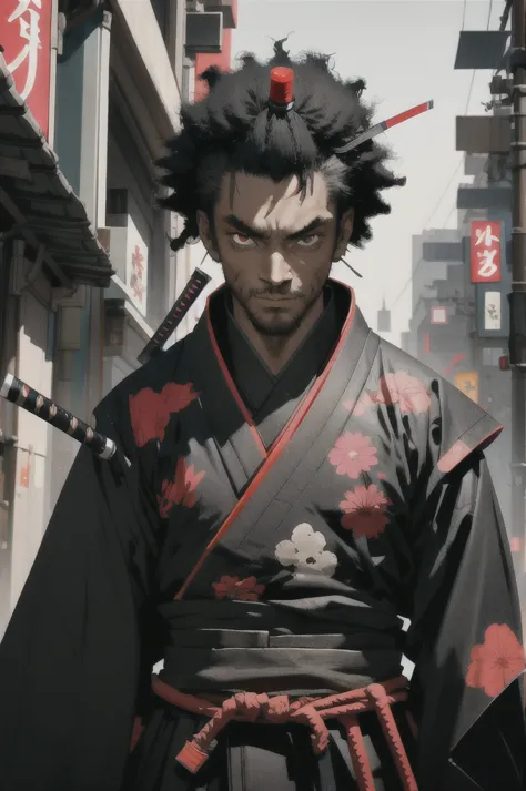 1 black samurai, 1 man, afrosamurai, black hair, cyberpunk, street style, streets of tokyo, bright, with black skin, red eyes, l...