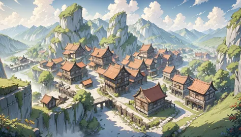 middle ages　 fantasy rpg landscape stone city landscape, no humans, no peoples, bar d, many bars，many wooden houses