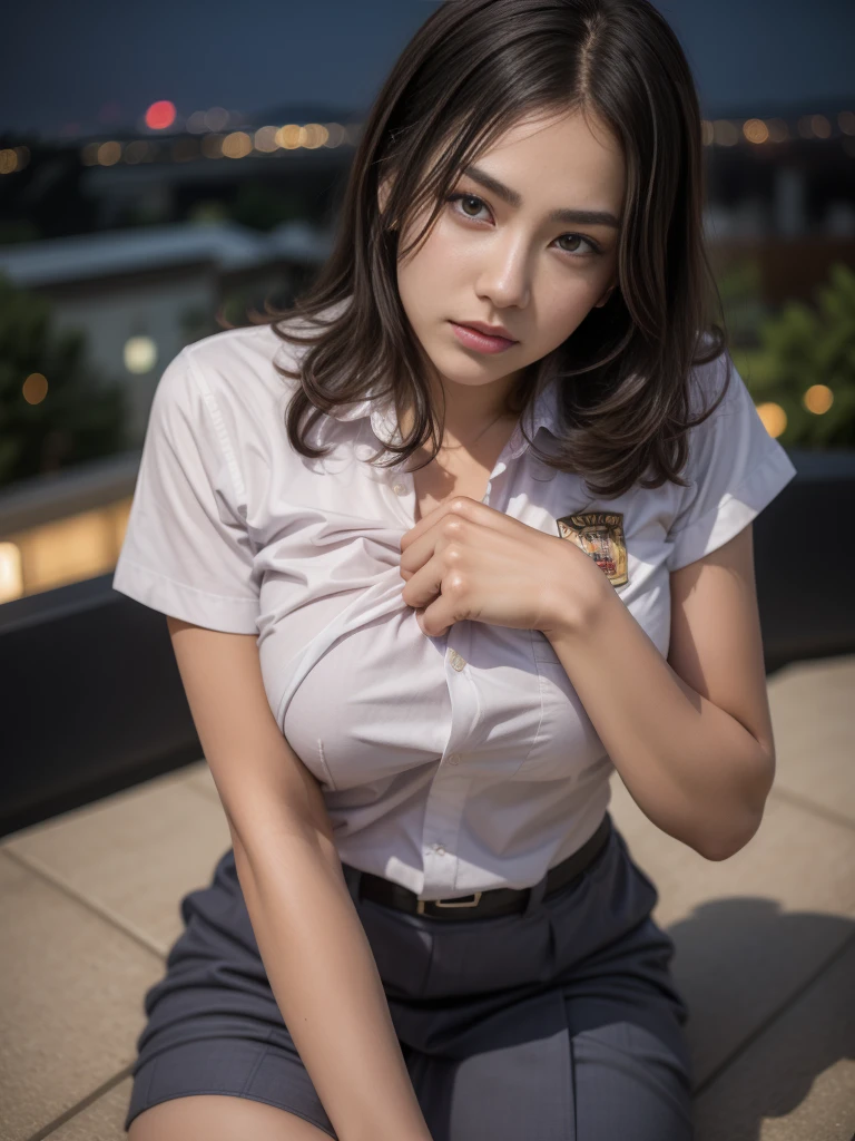 1girl, (uniform), sits with her legs pressed to her chest, detailed night view ofMetropolitan city at the background, detailed face, detailed eyes, brunette, big breasts, smooth realistic skin, semi-curvy body, white shirt, grey blue hot miniskirt , looking at the audience, Full body shot, camera from above, overhead view, (8k, RAW photo, best quality, masterpiece: 1.2), (realistic, realistic: 1.37), ultra-high resolution