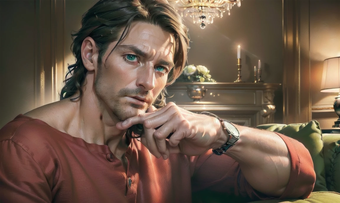 "((highly detailed, detailed eyes, detailed face, clear and realistic facial features, photorealistic, realistic light; cinematic)), (1 man), ((((classy living room background)))), (((sophisticated gorgeous beautiful refined middle-aged male artist))), ((((intense fascinated expression)))), ((mystical air)), (((green eyes))), (wavy shoulder-length brunette hair), (((dressed in a red shirt and chinos)))."