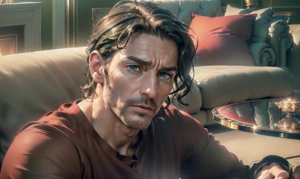 "((highly detailed, detailed eyes, detailed face, clear and realistic facial features, photorealistic, realistic light; cinematic)), (1 man), ((((classy living room background)))), (((sophisticated gorgeous beautiful refined middle-aged male artist))), ((((intense fascinated expression)))), ((mystical air)), (((green eyes))), (wavy shoulder-length brunette hair), (((dressed in a red shirt and chinos)))."