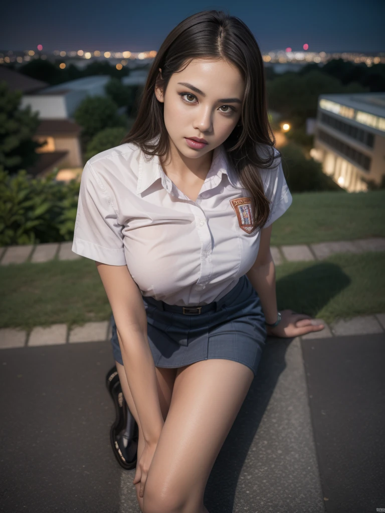 1girl, (uniform), sits with her legs pressed to her chest, detailed night view of Metropolitan city at the background, detailed face, detailed eyes, brunette, big breasts, smooth realistic skin, semi-curvy body, white shirt, grey blue hot miniskirt , looking at the audience, Full body shot, (overhead view:1.4), (zoom out:1.4), (8k, RAW photo, best quality, masterpiece: 1.2), (realistic, realistic: 1.37), ultra-high resolution