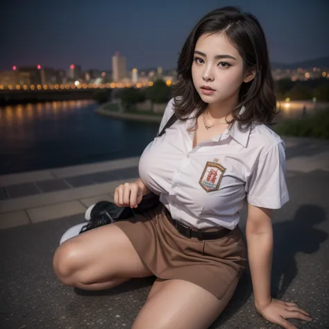 1girl, (uniform), sits with her legs pressed to her chest, detailed night view of metropolitan city at the background, detailed ...