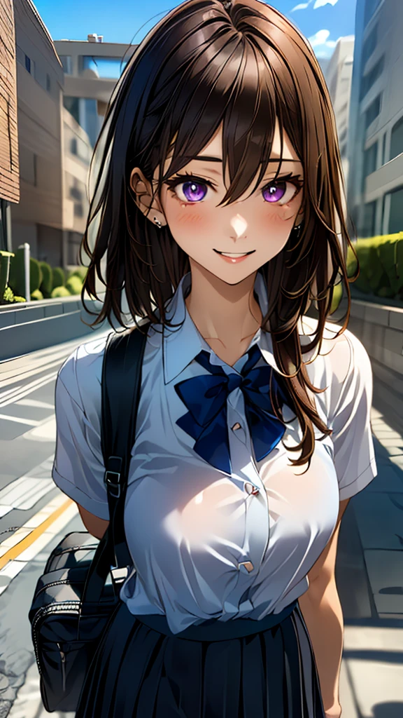 (masterpiece:1.3, top-quality, ultra high res, ultra detailed), (realistic, photorealistic:1.4), beautiful illustration, perfect lighting, colorful, depth of fields, 
beautiful detailed hair, beautiful detailed face, beautiful detailed eyes, beautiful clavicle, beautiful body, beautiful chest, beautiful thigh, beautiful legs, beautiful fingers, 
looking at viewer, front view:0.6, 1 girl, japanese, high school girl, perfect face, (perfect anatomy, anatomically correct), cute and symmetrical face, babyface, , shiny skin, 
(middle hair:1.5, (two side up:1.2), dark violet hair), hair between eyes, dark violet eyes, long eye lasher, (medium breasts), slender, 
((short sleeve collared white shirt, steel blue pleated skirt)), dark red bow tie, piercing, navy school bag, 
(beautiful scenery), evening, (street, cityscape in the distance), walking, arms behind back, (happy smile, parted lips), 