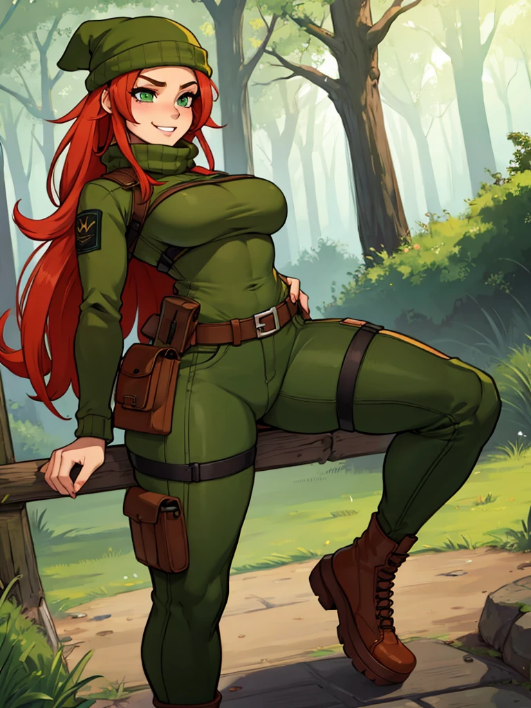 sancy anthro bandicoot girl,redhead,braided hair,beautiful green eyes,sexy,seductive,warm sweater,beanie-balaclava,camouflage pants,army boots,cozy,dirty,military,wood, anime style