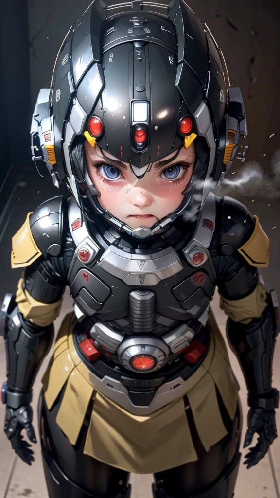 Highest quality　8k robot armor　Elementary school girl　Sweaty face　cute　short hair　boyish　Steam coming from the head　My hair is wet with sweat　Black Hair