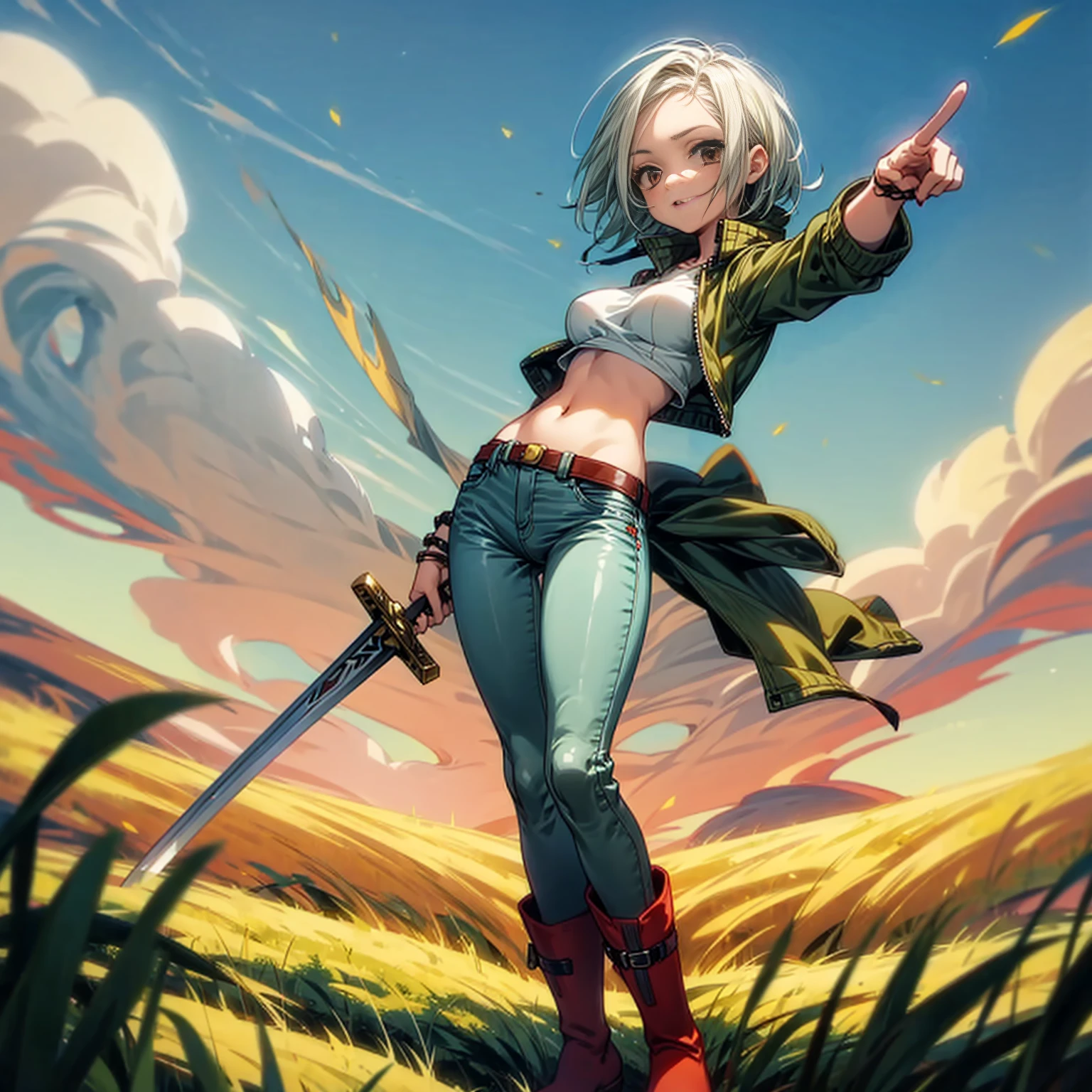 Solo character, full body version, girl, white half green color hair, black eyes, short hairstyle, Jacket crop top, long jeans, bracelet, red boots, sky blue, field, standing battle gesture, sword in hand, Big breasts 