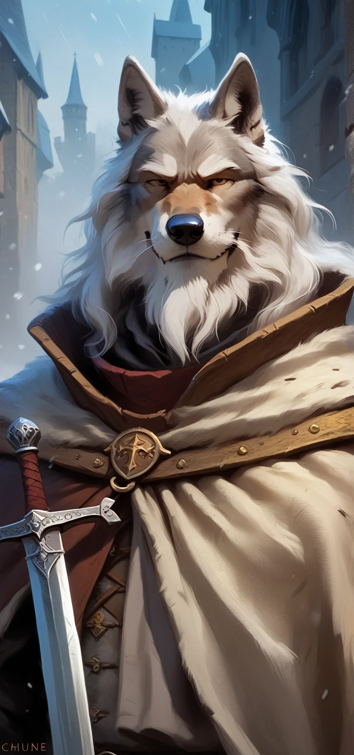 Solo, smug, friendly and stern looking anthropomorphic furry wolf medieval knight, muscular, old male wold, he has dark grey and white fur, he has big white fluffy shorthairs, he has long wizard furr beard, , he has long wizard furr beard, , he has long wizard furr beard, he is wearing heavy knight mesieval plate armor and a navy blue medieval worn out old cloak, he is holding a medieval sword, in blizzard battle, masterpiece digital painting, digital painting, 

