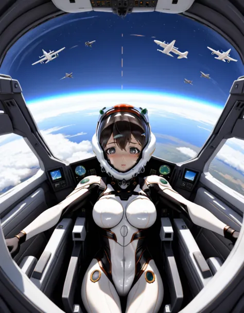 ((female pilot in the cockpit of a reconnaissance plane), (airplane cockpit), (in flight), (10000 feet altitude)、(sky view):1.7)...