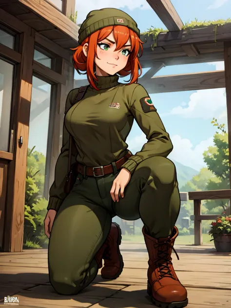 sancy anthro bandicoot girl,redhead,braided hair,beautiful detailed green eyes,sexy,seductive,warm sweater,beanie-balaclava,camo...