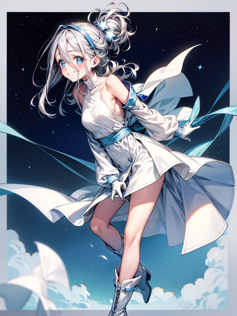 "(Highest quality,High resolution:1.2), Cute Smile, Unusual Point of View, White sweater, Medium Shot, Color decomposition color, shoulder, blush, (Gray Hair), White gloves, White boots, Blue Iris"，star空の背景，star